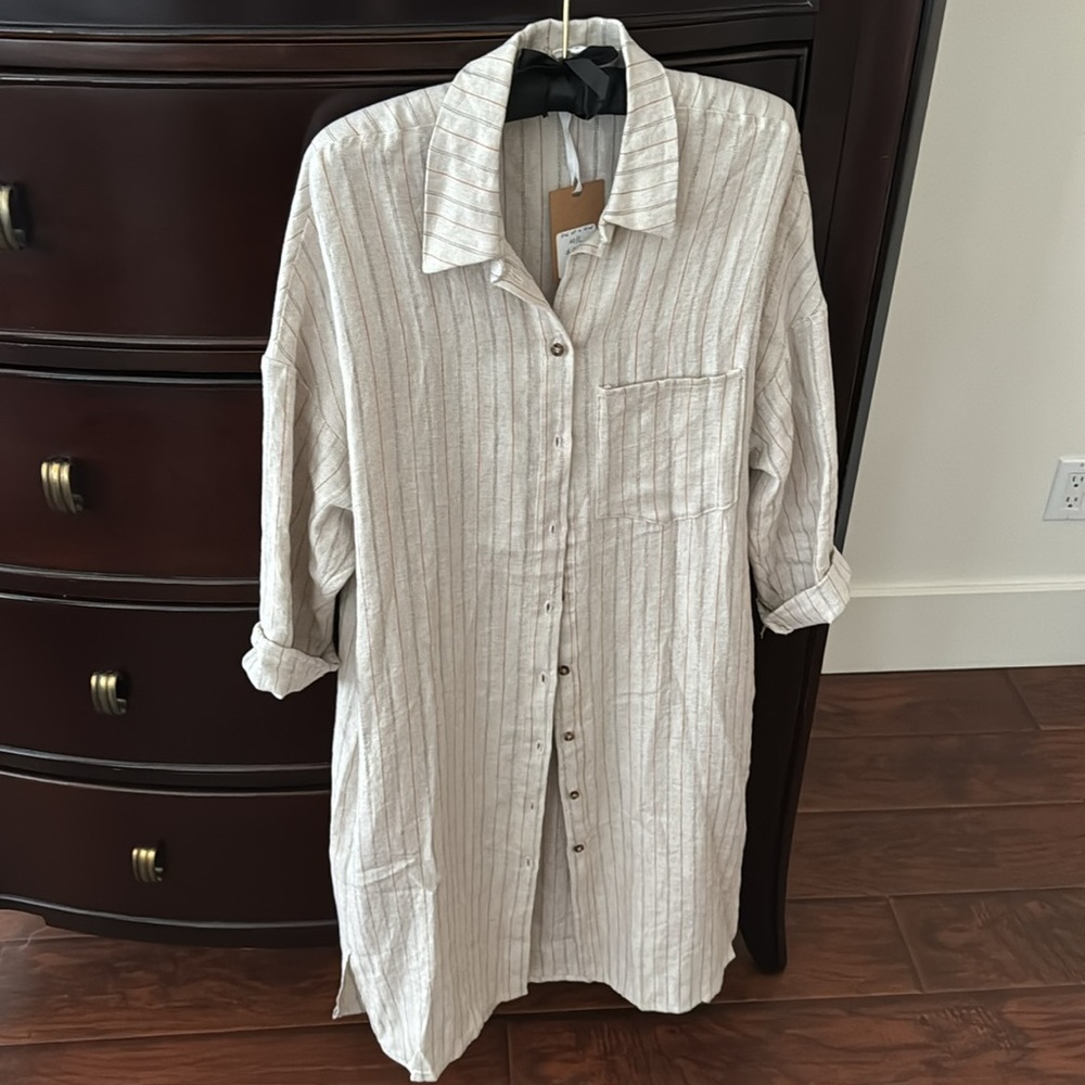 Rebecca King one-of-a-kind sample oatmeal linen stripe duster with pockets - Picture 1 of 15
